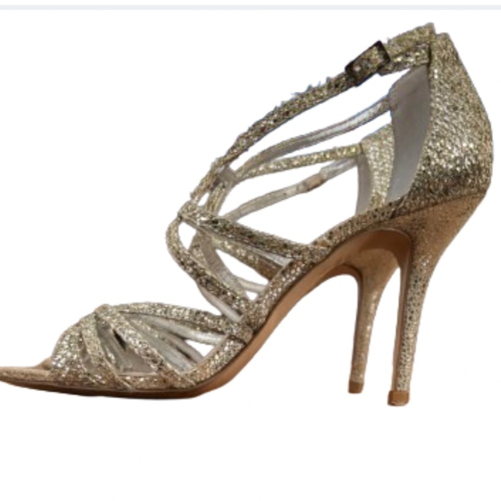 Gianni Bini gold glitter strappy 4” stiletto heels w bckl SZ 8 wedding prom